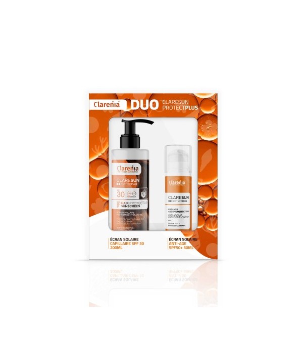 COFFRET SOLAIRE CLARENIA DUO ÉCRAN ANTIAGE SPF50+ ET ÉCRAN CAPILAIRE -40%