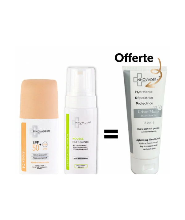 INNOVADERM PACK Fond de Teint Minéral Sand + Mousse Nettoyante Peau Mixte à Grasse + Creme Mains offerte