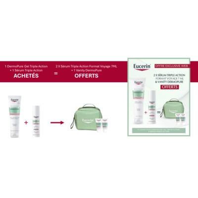EUCERIN pack DERMOPURE GEL NETTOYANT TRIPLE ACTON 150ML+SERUM TRIPLE ACTION+TROUSSE