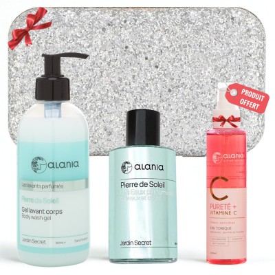 ALANIA COFFRET PIERRE DE SOLEIL GEL LAVANT CORPS 350ML+EAU PARFUMEE 100 ML+EAU TONIQUE 150ML (OFFERT)+TROUSSE (OFFERT)