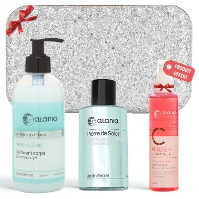 ALANIA COFFRET PIERRE DE SOLEIL GEL LAVANT CORPS 350ML+EAU PARFUMEE 100 ML+EAU TONIQUE 150ML (OFFERT)+TROUSSE (OFFERT)