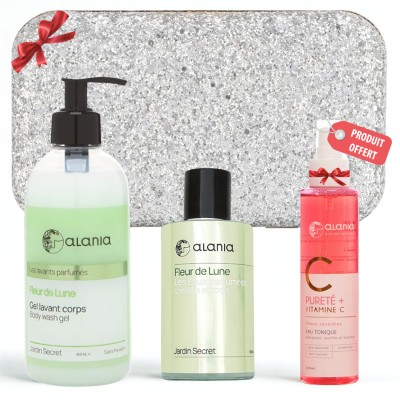 ALANIA COFFRET FLEUR DE LUNE GEL LAVANT CORPS 350ML+EAU PARFUMEE 100 ML+EAU TONIQUE 150ML (OFFERT)+TROUSSE (OFFERT)