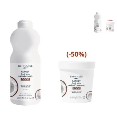 BYPHASSE FAMILY SHAMPOOING COCO CHEVEUX COLORES 750ML+MASQUE CAPILLAIRE COLORES 250ML (-50%)